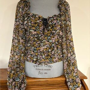 FREE PEOPLE Floral Print corset style long sleeve Blouse Top size medium